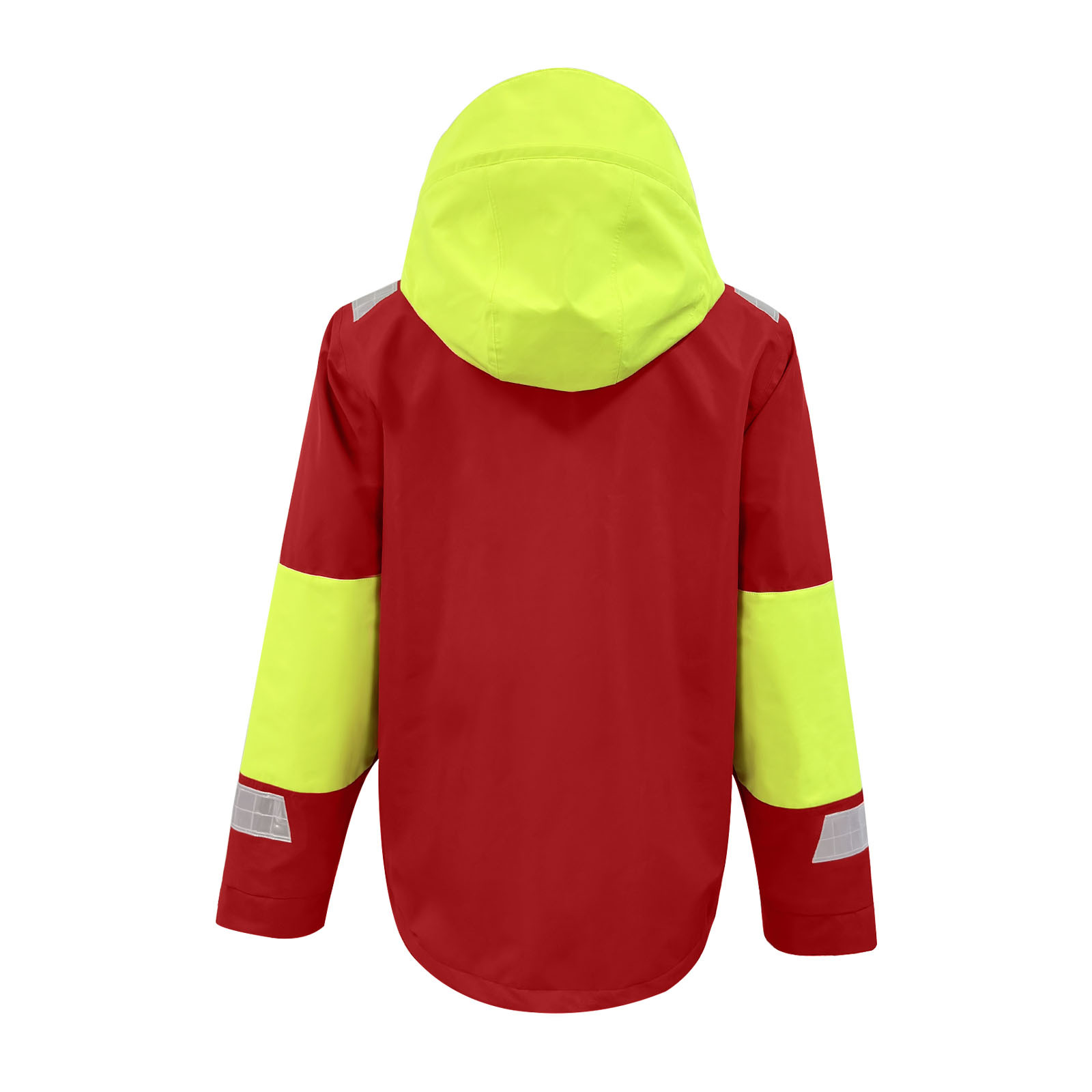 Red High-Neck Sailing Jacket with Neon Green Elbows and Hood