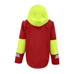 Rote Segeljacke mit hohem Kragen, neongrünen Ellbogen und Kapuze
