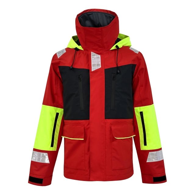 Red High-Neck Sailing Jacket with Neon Green Elbows and Hood