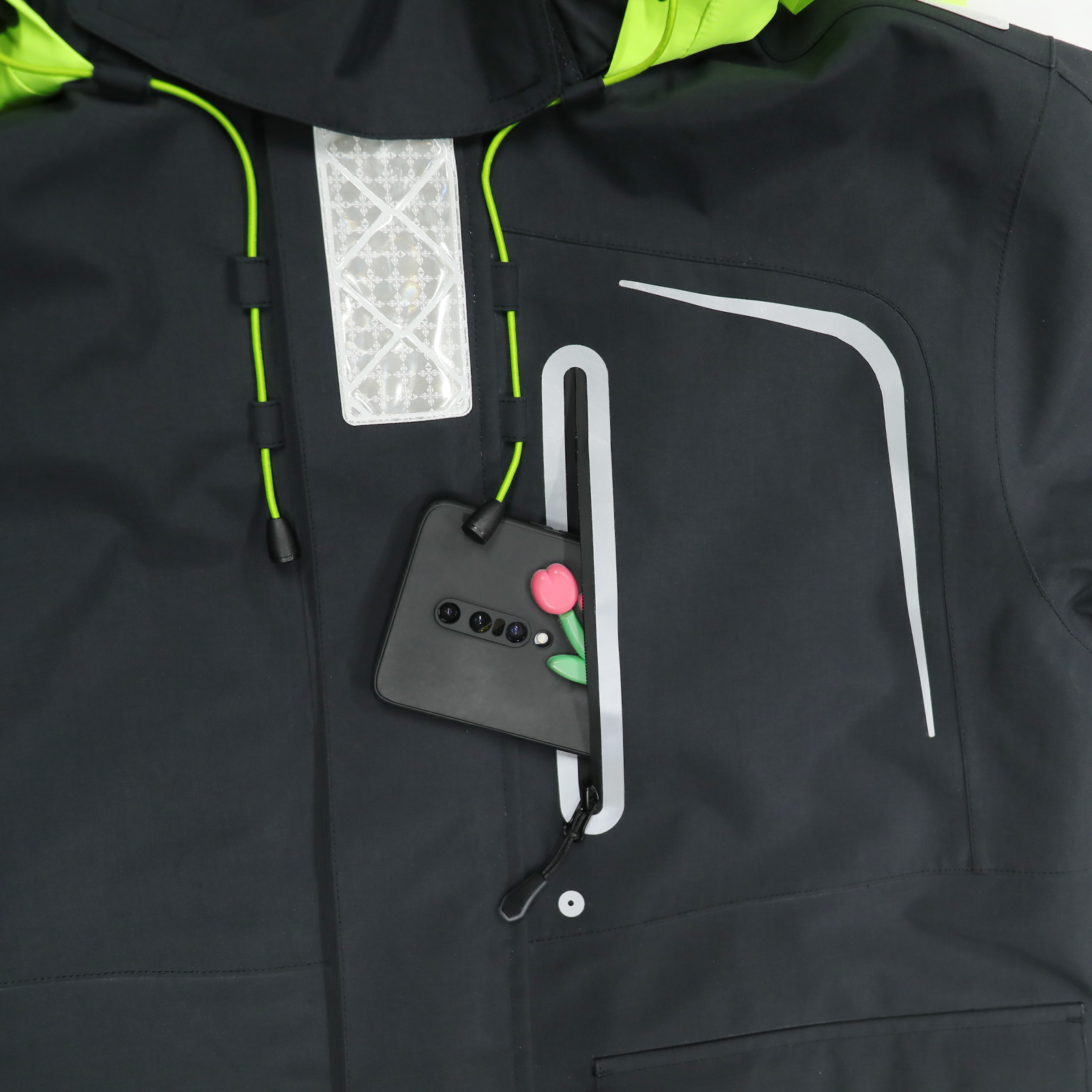 Veste de voile noire Yuelei avec capuche fluo et bandes réfléchissantes