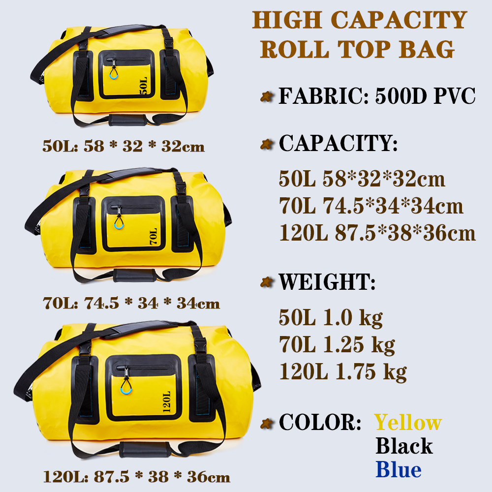 Wasserdichte Rolltop-Taschen: Strapazierfähiges 500D PVC in den Ausführungen 50L, 70L und 120L