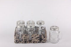 GLASS MASON JAR IN BASKET
