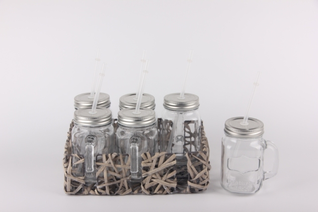 GLASS MASON JAR IN BASKET