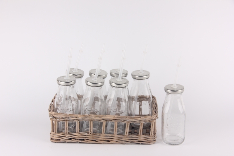 250ML GLASS MILK BOTTLE WITH LIDS AND STRAW