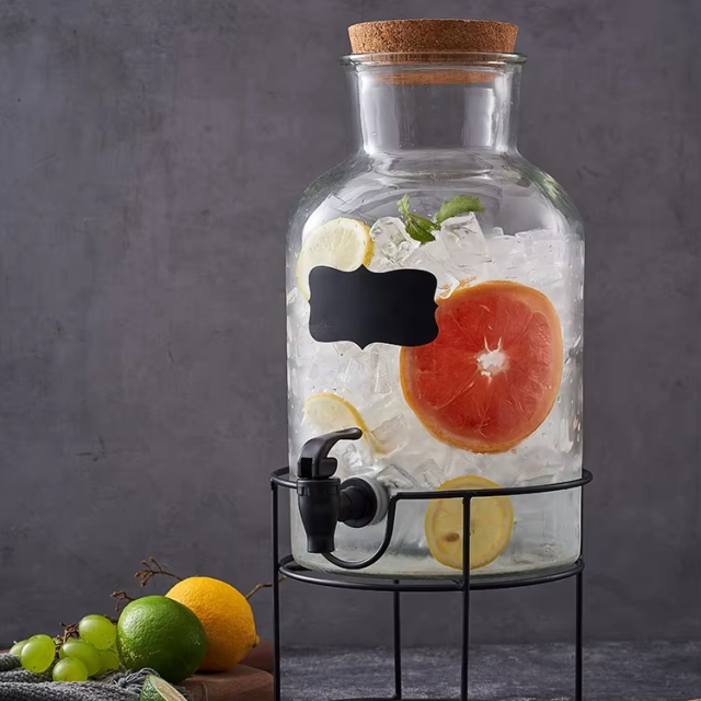 High quality cork lid  glass Beverage Dispenser,Clear Glass Drink Dispenser with PP Spigot and iron stand
