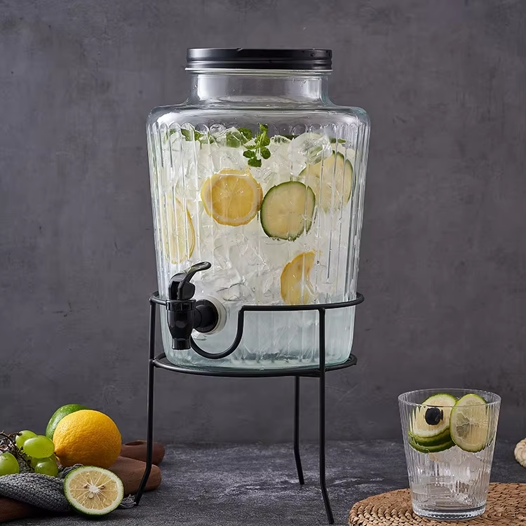Wholesale Classic BPA Free Juice beverage Dispenser Glass drink dispenser With tap and iron stand