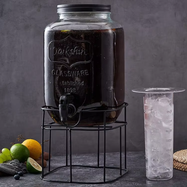 Clear glass mason jar big volume juice glass drink beverage dispenser with tap and electroplated iron stand