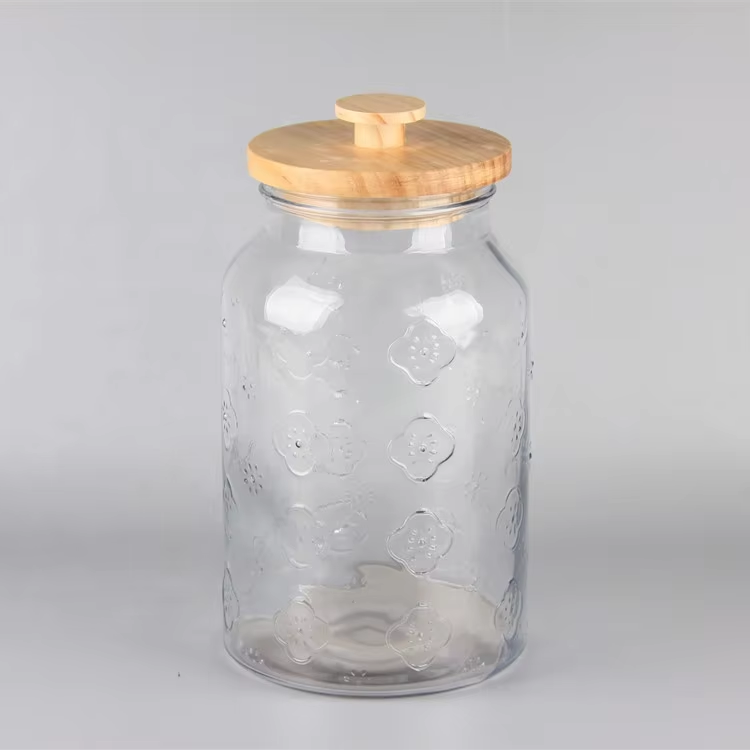 Top Selling Different Size Flower Pattern Clear Round Glass Food Storage jars with Wood Cover