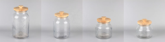 Top Selling Different Size Flower Pattern Clear Round Glass Food Storage jars with Wood Cover