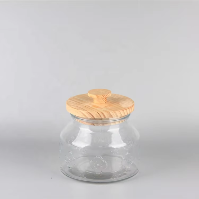 Top Selling Different Size Flower Pattern Clear Round Glass Food Storage jars with Wood Cover