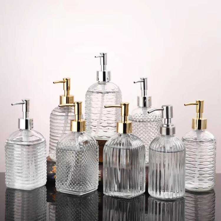 Wholesale hot selling 400ml Amber Embossed Glass Soap Dispenser with Pump