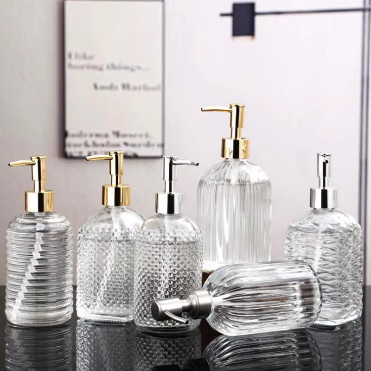 Wholesale hot selling 400ml Amber Embossed Glass Soap Dispenser with Pump