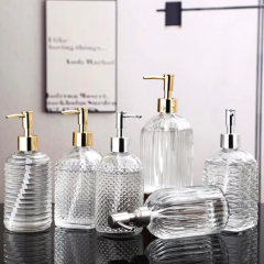 Wholesale hot selling 400ml Amber Embossed Glass Soap Dispenser with Pump