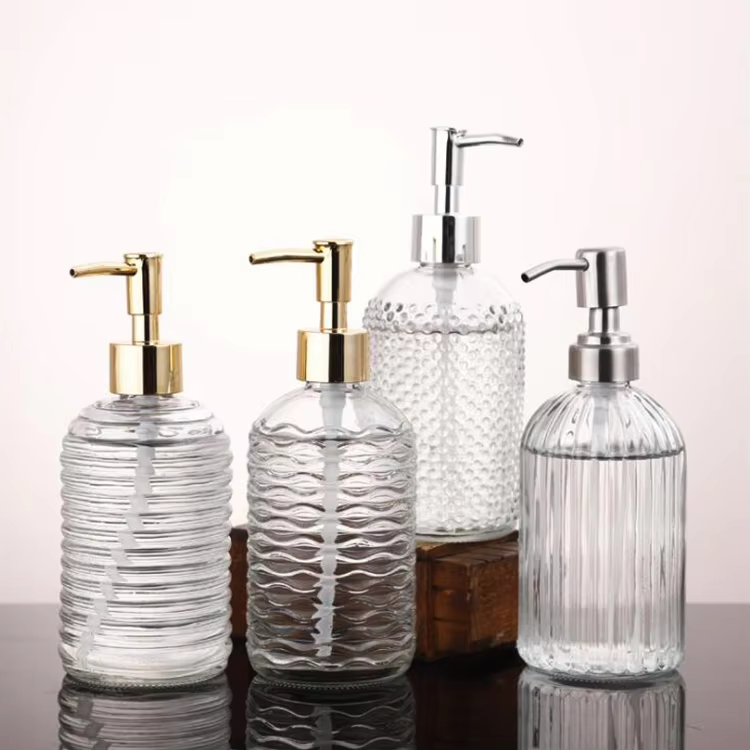 Wholesale hot selling 400ml Amber Embossed Glass Soap Dispenser with Pump
