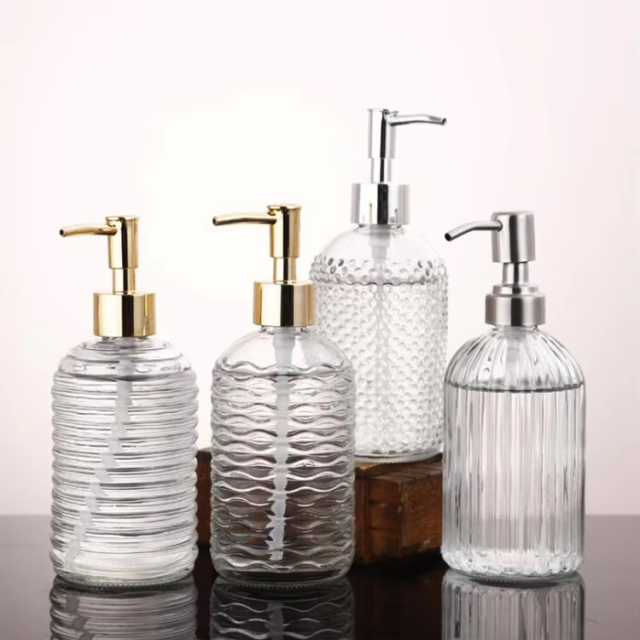 Wholesale hot selling 400ml Amber Embossed Glass Soap Dispenser with Pump
