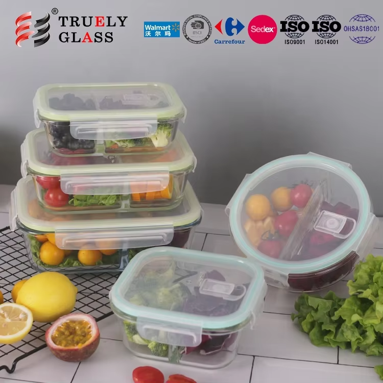 bento lunch box glass food container with 2 compartment microwave food container with pp lid