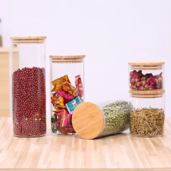 Empty Clear High Borosilicate Glass Storage Jar with wood Bamboo Lid and Silicone Ring