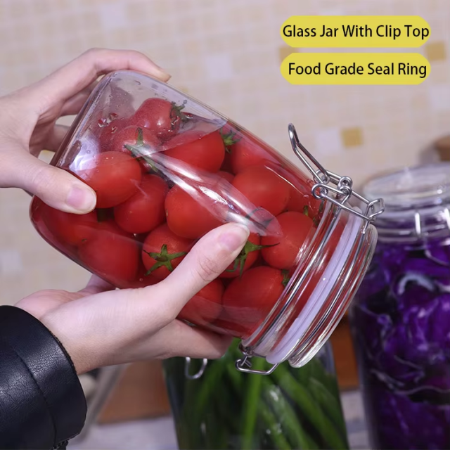 Wholesale 500ml glass storage jar  in bulk with glass lid and clip for food storage