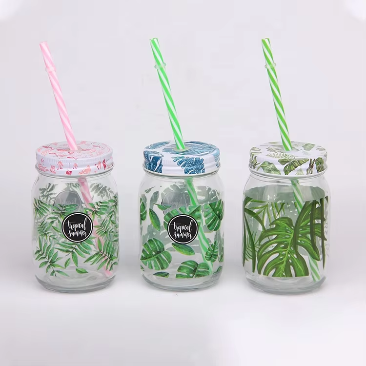 Good Quality Good Price Round Shape Transparent Glass Water Bottles with Decal
