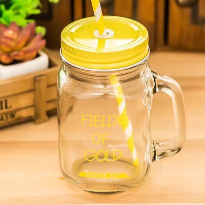450ml Reusable colored custom clear transparent glass drink water cup with straw