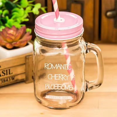 450ml Reusable colored custom clear transparent glass drink water cup with straw