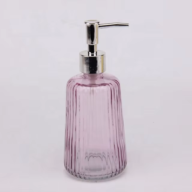 Eco Friendly Popular Type Transparent Light Grey Embossed Glass Soap Dispenser with Pump