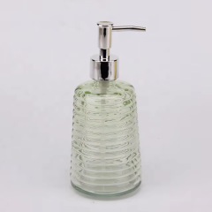 Hot Selling Round Shape Blue Color Transparent Embossed Glass Soap Dispenser with Pump 400ml