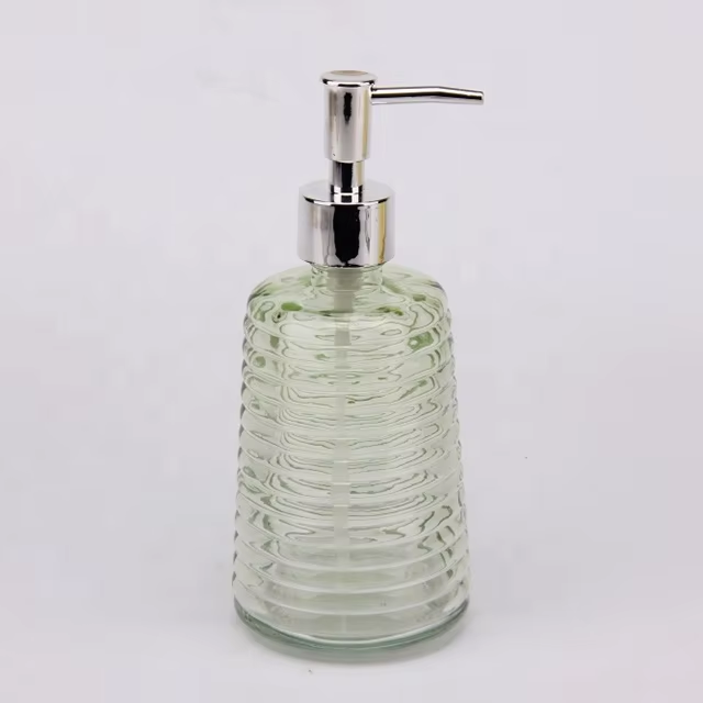 Hot Selling Round Shape Blue Color Transparent Embossed Glass Soap Dispenser with Pump 400ml