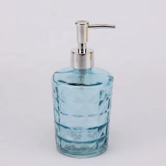 Hot Selling Round Shape Blue Color Transparent Embossed Glass Soap Dispenser with Pump 400ml