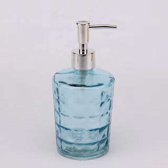 Hot Selling Round Shape Blue Color Transparent Embossed Glass Soap Dispenser with Pump 400ml