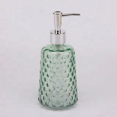 Hot Selling Round Shape Blue Color Transparent Embossed Glass Soap Dispenser with Pump 400ml