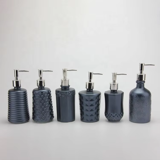 Wholesale Price Top Class Round Shape Embossed Glass Soap Dispenser with Color for Bathroom