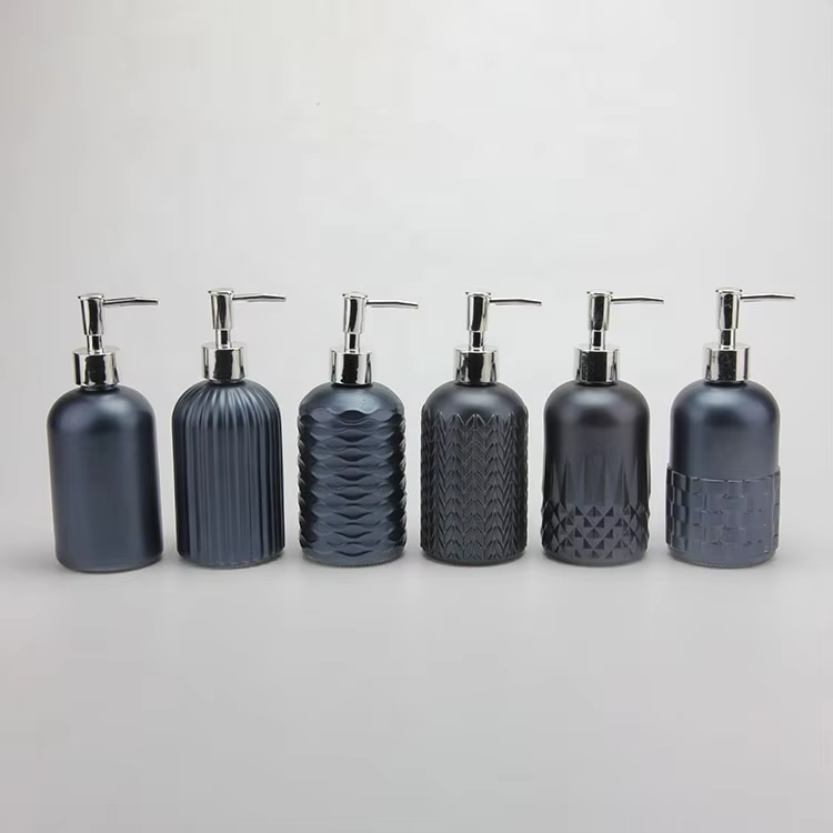 Wholesale Price Top Class Round Shape Embossed Glass Soap Dispenser with Color for Bathroom