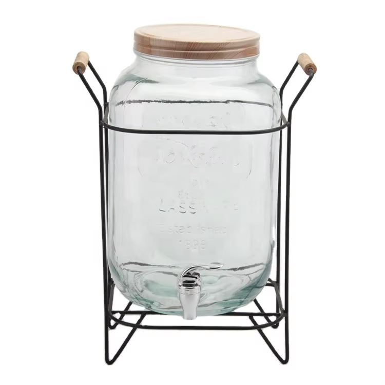 Wholsale 5000ml 5L Screw Lid Clear Glass Drinks Dispenser with Iron Stand and Tap