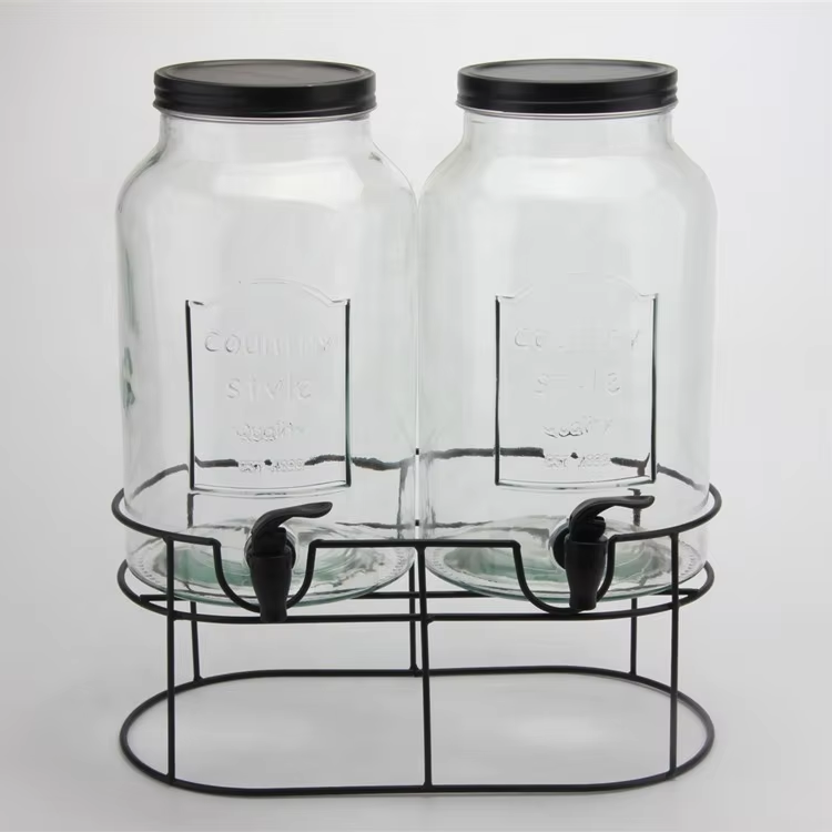 Wholsale 5000ml 5L Screw Lid Clear Glass Drinks Dispenser with Iron Stand and Tap