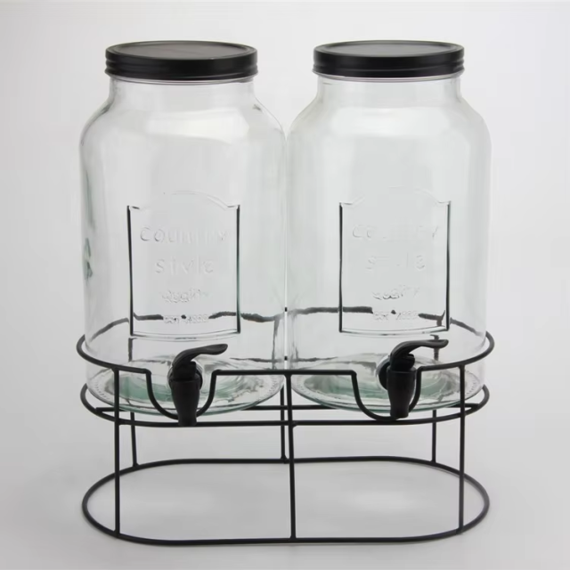 Wholsale 5000ml 5L Screw Lid Clear Glass Drinks Dispenser with Iron Stand and Tap