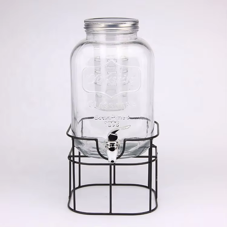 Wholsale 5000ml 5L Screw Lid Clear Glass Drinks Dispenser with Iron Stand and Tap