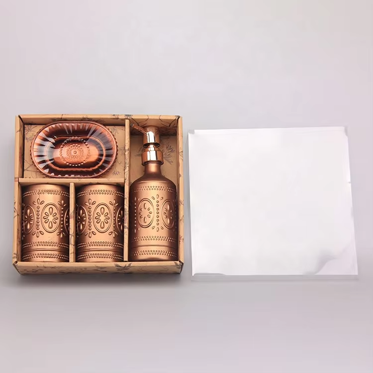 Factory Direct Light Blue Embossed Transparent 1 Soap Dish 1 Glass Soap Dispenser Set with Craft Box