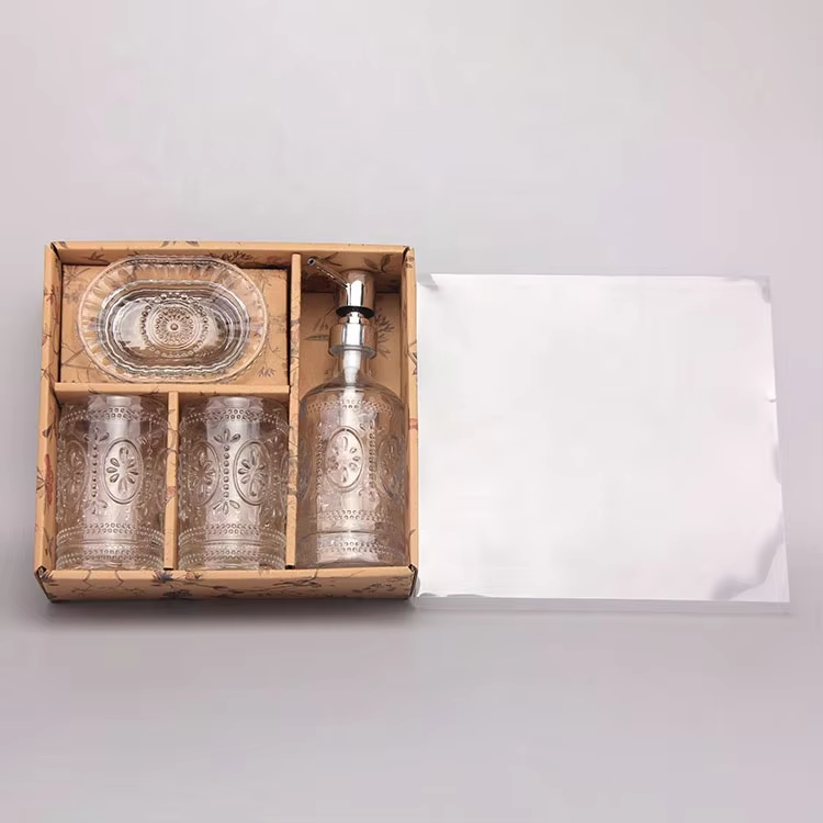Factory Direct Light Blue Embossed Transparent 1 Soap Dish 1 Glass Soap Dispenser Set with Craft Box