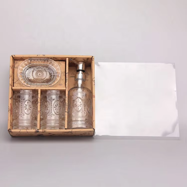 Factory Direct Light Blue Embossed Transparent 1 Soap Dish 1 Glass Soap Dispenser Set with Craft Box