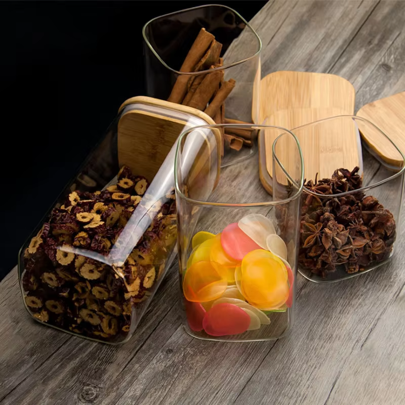 Food grade 280ml 700ml square sealed  glass jar with bamboo lid