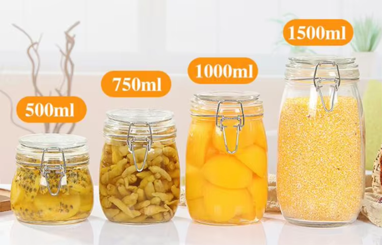 Factory supply food grade spout glass bottle storage jars with Stainless steel buckle
