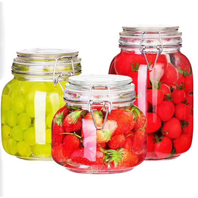 Factory supply food grade spout glass bottle storage jars with Stainless steel buckle