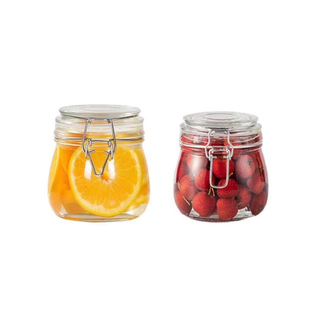 Factory supply food grade spout glass bottle storage jars with Stainless steel buckle