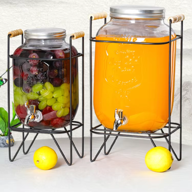Cheap High Quality Glass Mason Water Beverage Drink Dispenser Jar with Tap and Metal Rack