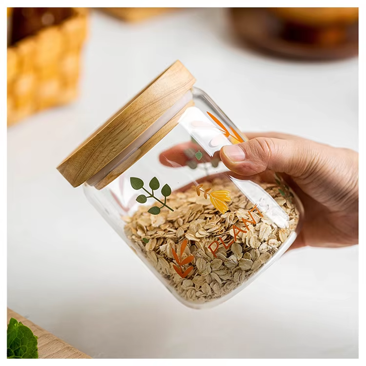 Wholesale small borosilicate glass storage jars and bottles with bamboo wooden lid