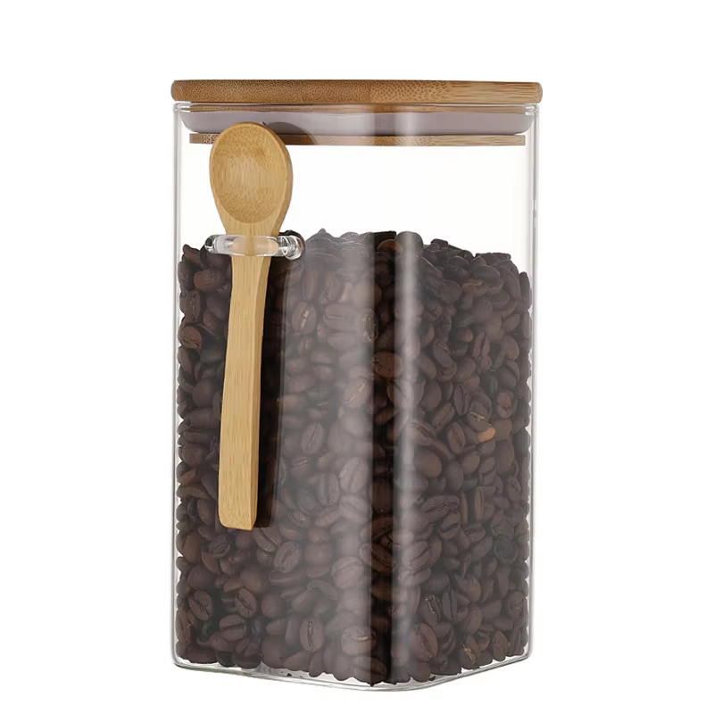 Hot sale square food grade glass spice candy storage jar and bottles with bamboo lid