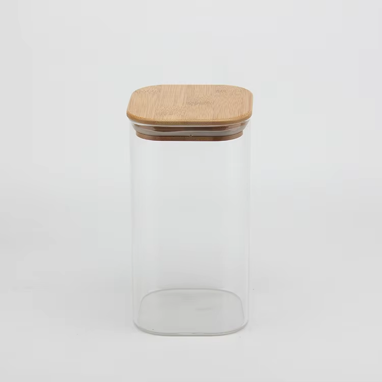 Hot sale square food grade glass spice candy storage jar and bottles with bamboo lid