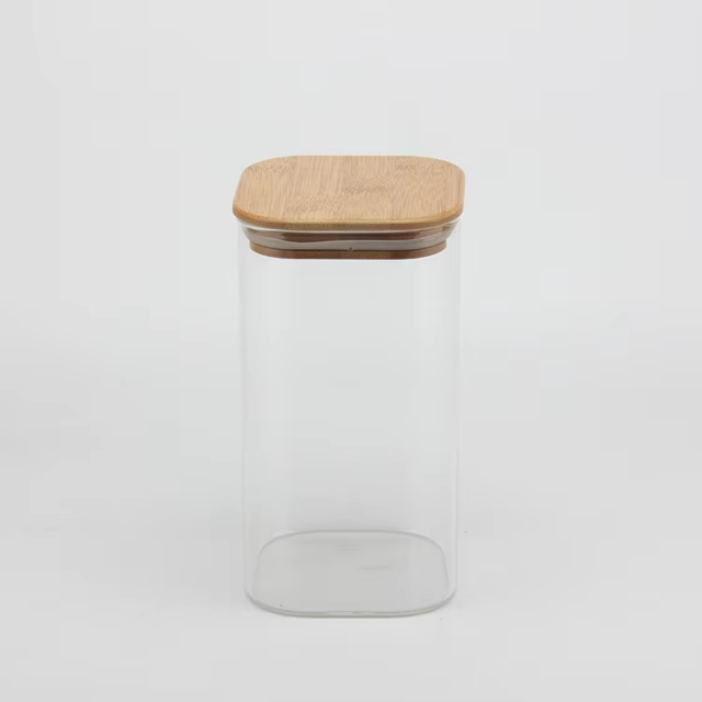 Hot sale square food grade glass spice candy storage jar and bottles with bamboo lid
