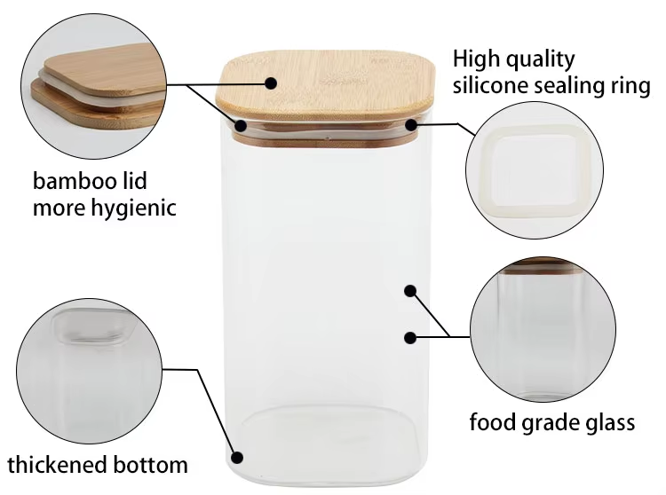 Hot sale square food grade glass spice candy storage jar and bottles with bamboo lid